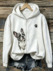 Damen Peeking französische Bulldogge & Paw Print Full Zip Hoodie