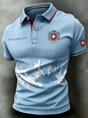 Herren-Poloshirt mit kurzen Ärmeln und einem Erinnerungsdruck mit schneebedeckter Berglandschaft