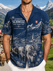 Herren-Vintage-Waffelstrick-Hemd mit kurzen Ärmeln und grafischem Aufdruck zum Cattle Drive Festival