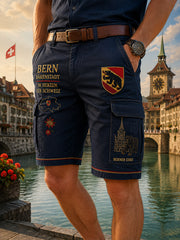 Herren-Kurz-Cargohose im Retro-Stil mit städtischem Grafikdruck