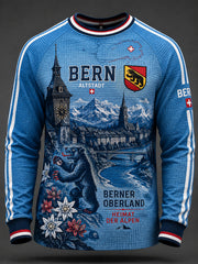 Herren-Graphic-Top im Retro-City-Stil, Raglan-Design, Langarm, Waffelstrick