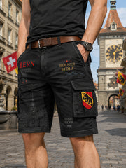 Herren-Kurz-Cargohose im Retro-Stil mit städtischem Grafikdruck