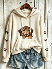 Damen-Kapuzenpullover mit niedlichem Hunde-Muster, lässig geschnitten