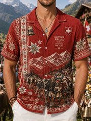 Herren-Vintage-Waffelstrick-Hemd mit kurzen Ärmeln und grafischem Aufdruck zum Cattle Drive Festival