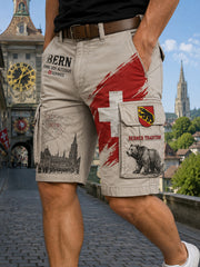 Herren-Kurz-Cargohose im Retro-Stil mit städtischem Grafikdruck