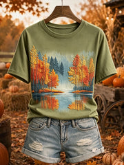 Damen-Herbst malerei Landschafts druck Gemütliches Kurzarm-T-Shirt