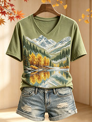 Damen Herbst Bergsee Reflexions druck Gemütliches Kurzarm-T-Shirt