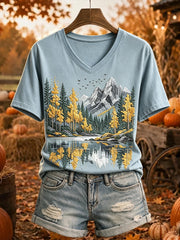 Damen Herbst Golden Wald Reflexion Landschafts druck Kurzarm T-Shirt