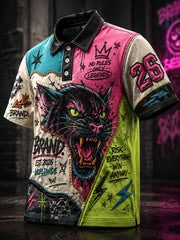 Herren-Streetwear-Poloshirt mit Graffiti-Leopardenmuster