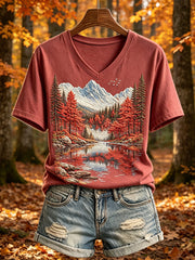 Gemütliches T-Shirt mit kurzen Ärmeln für Damen, Herbst, Bergsee-Reflexions druck