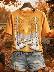 Frauen Herbst Bäume Landschafts druck Gemütliches Kurzarm-T-Shirt