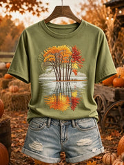 Damen-Herbst-Bäume-Reflexions druck Gemütliches Kurzarm-T-Shirt