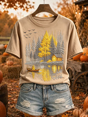 Damen-Herbst-Bäume, die im See druck kurz ärmel iges T-Shirt reflektieren