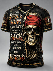 Herren Punk Pirat Print Lässiges T-Shirt mit V-Ausschnitt