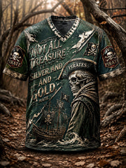 Herren Retro Punk Pirate Print Freizeit T-Shirt mit V-Ausschnitt