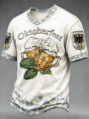 Herren Retro Weiß Oktoberfest Print Casual Herbst T-Shirt mit V-Ausschnitt