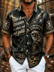 Herren Schwarz Retro Punk Pirat-Print Lässiges Kurzarm-Shirt
