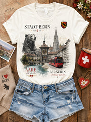 Damen-T-Shirt mit kurzen Ärmeln und grafischem Städte-Souvenir-Print