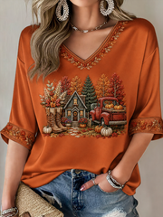 Herbst bäume Herbst blätter bedruckte mittellange Ärmel mit V-Ausschnitt T-Shirt