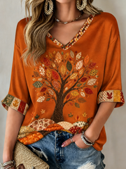 Damen-Herbst-T-Shirt mit Baum- und Laubdruck, mittellange Ärmel, V-Ausschnitt