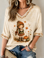 Damen-Herbst-T-Shirt mit Baum- und Laubdruck, mittellange Ärmel, V-Ausschnitt