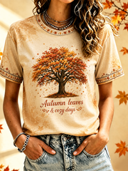 Damen-Herbst-T-Shirt mit Baum- und Laubdruck, kurze Ärmel