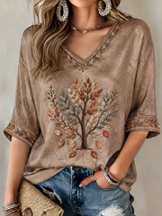 Damen-Herbst-T-Shirt mit Baum- und Laubdruck, mittellange Ärmel, V-Ausschnitt