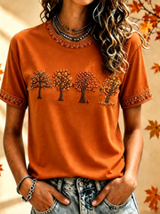 Damen-Herbst-T-Shirt mit Baum- und Laubdruck, kurze Ärmel