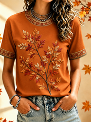 Damen-Herbst-T-Shirt mit Baum- und Laubdruck, kurze Ärmel
