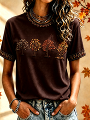 Damen-Herbst-T-Shirt mit Baum- und Laubdruck, kurze Ärmel