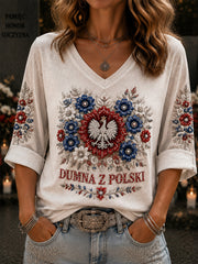 Damen Retro "Pride of Poland" Floral lässig V-Ausschnitt T-Shirt