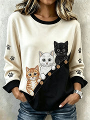 Damen-Sweatshirt im niedlichen Katzenmuster mit Farbblock-Design – lässig und bequem