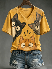 Kurzarm-T-Shirt mit süßem Katzen-Print für Damen
