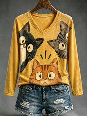 Damen-T-Shirt mit V-Ausschnitt, niedlichem Katzen druck