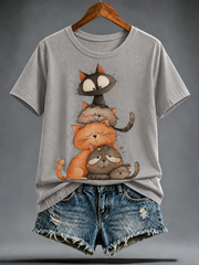 Damen-T-Shirt mit niedlichem Katzenmuster und kurzen Ärmeln