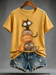 Damen-T-Shirt mit niedlichem Katzenmuster und kurzen Ärmeln