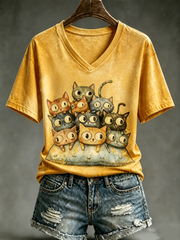Damen-T-Shirt mit niedlichem Katzenmuster und kurzen Ärmeln