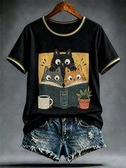 Damen-T-Shirt mit niedlichem Katzenmuster und kurzen Ärmeln