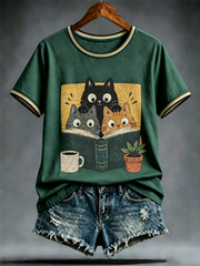 Damen-T-Shirt mit niedlichem Katzenmuster und kurzen Ärmeln
