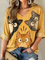 Damen-T-Shirt mit V-Ausschnitt, niedlichem Katzen druck, mittellang