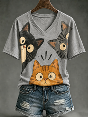Kurzarm-T-Shirt mit süßem Katzen-Print für Damen