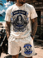 Herren Retro Motorrad Grafik Print T-Shirt Set