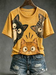 Damen-T-Shirt mit niedlichem Katzenmuster und kurzen Ärmeln