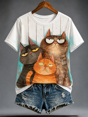 Damen-T-Shirt mit niedlichem Katzenmuster und kurzen Ärmeln