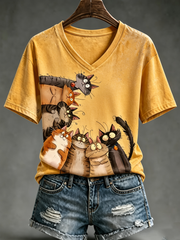 Damen-T-Shirt mit niedlichem Katzenmuster und kurzen Ärmeln