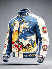 Herren-Wiener-Bierfest-Patchwork-Print Freizeitjacke mit Stehkragen und Reißverschluss