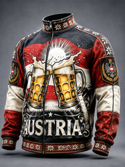 Herren-Vintagejacke in Schwarz mit österreichischem und Wiener Oktoberfest-Muster, Patchwork-Optik, lässigem Stehkragen und Reißverschluss