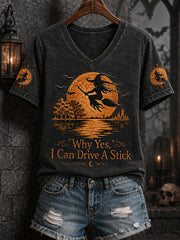Frauen‑Lustiges Halloween‑Hexen‑Warum, ja, tatsächlich kann ich Schaltgetriebe fahren – bedrucktes Freizeit‑V‑Ausschnitt‑T‑Shirt
