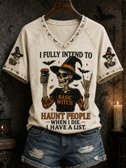 Damen Lustiges Halloween-Schädel-Hexe-Druck lässiges V-Ausschnitt-T-Shirt
