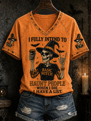 Damen Lustiges Halloween-Schädel-Hexe-Druck lässiges V-Ausschnitt-T-Shirt